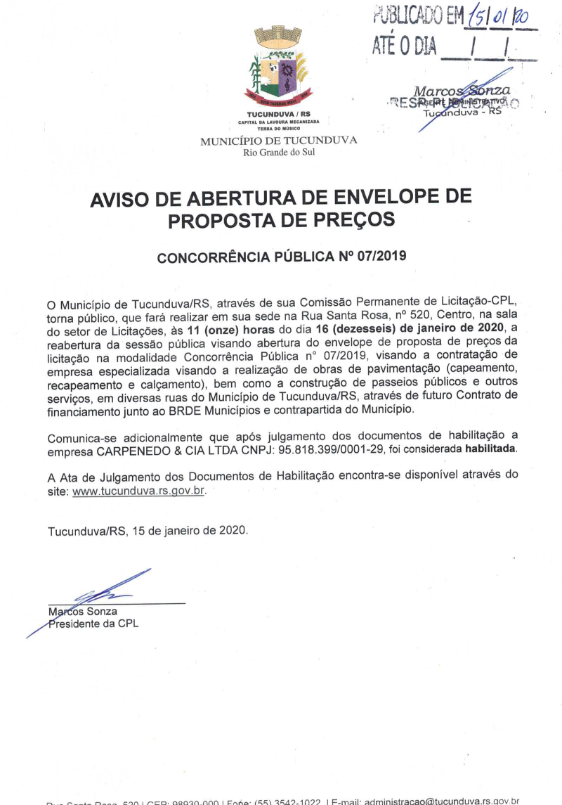 CNC 07_2019 AVISO DE ABERTURA DE ENVELOPE DE PROPOSTA DE PREÇOS